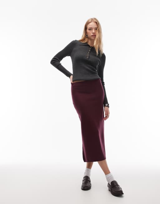 ASOS DESIGN knitted supersoft 90's length skirt co-ord in wine