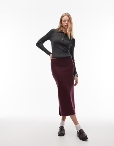 ASOS DESIGN knitted supersoft 90s length skirt in wine (Part of a set) - view 1