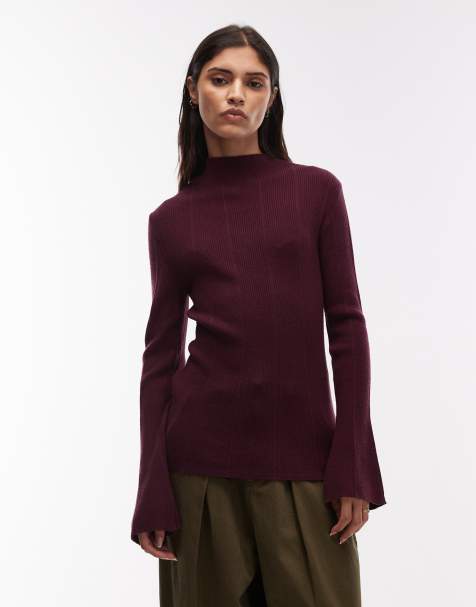 ASOS DESIGN knitted supersoft top with flared sleeve in wine - view 1