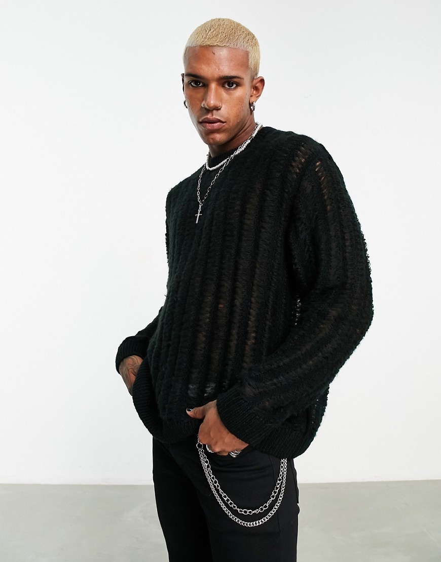ASOS DESIGN knitted sweater in black with all over distressing
