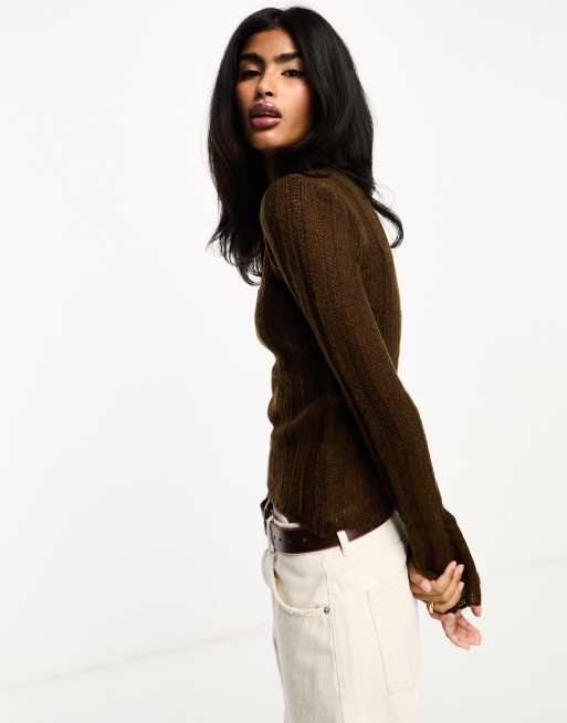 ASOS DESIGN knitted sweater in sheer rib in chocolate