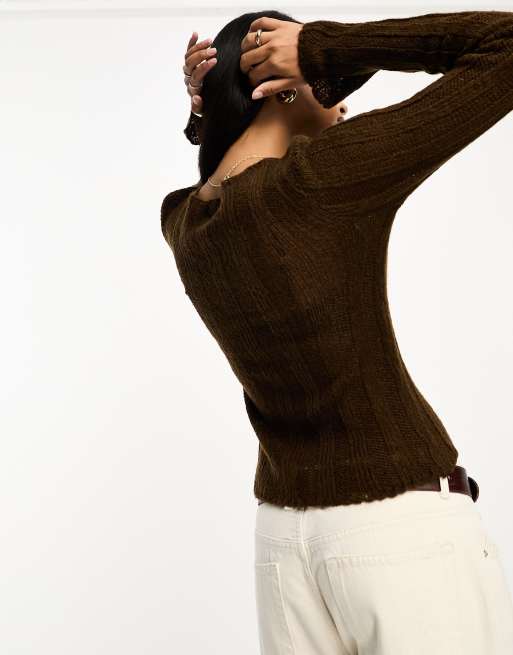 ASOS DESIGN knitted sweater in sheer rib in chocolate | ASOS
