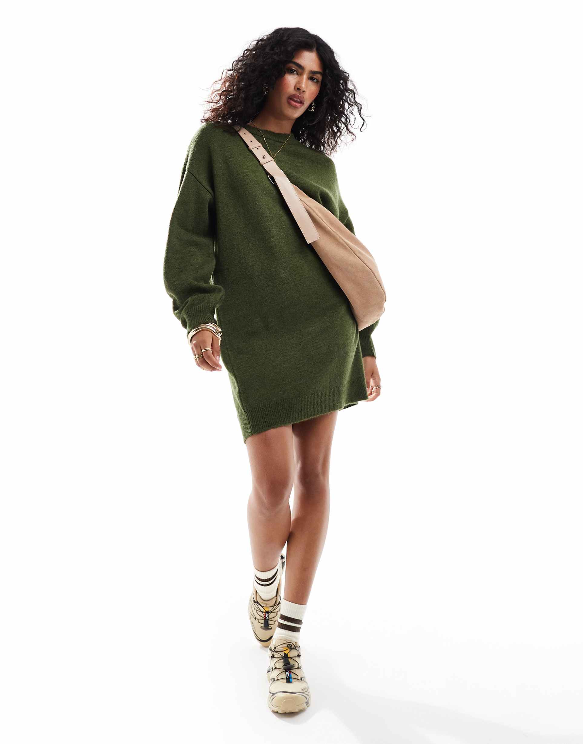 asos design knitted sweater mini dress with crew neck in khaki