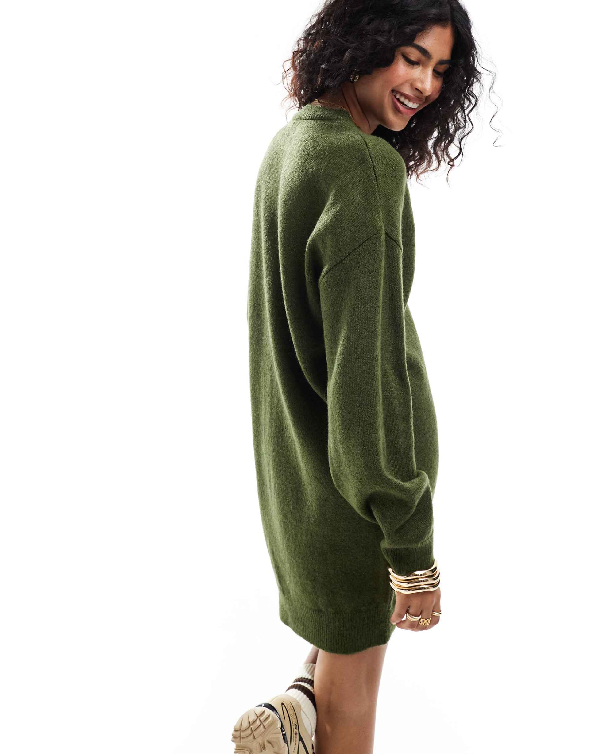 asos design knitted sweater mini dress with crew neck in khaki
