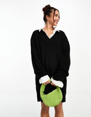 asos black sweater dress DESIGN knitted mini with v neck in filter-neckline:V-Neck