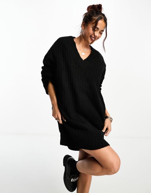 Black Sweater Dress - V Neck Sweater Dress - Black Chunky Knit Dress