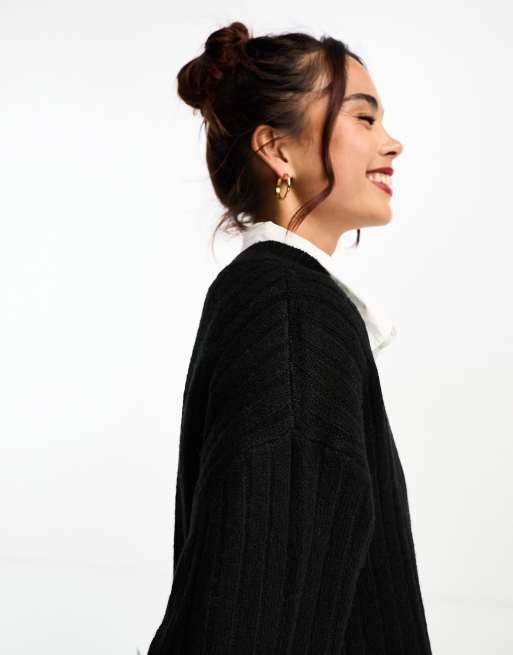 ASOS DESIGN knitted sweater mini dress with v neck in black, 3 of 4