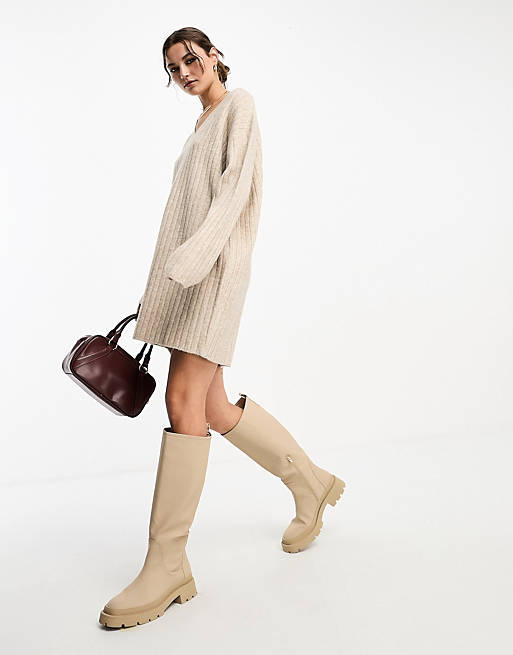 ASOS DESIGN knitted sweater mini dress with v neck in oatmeal | ASOS