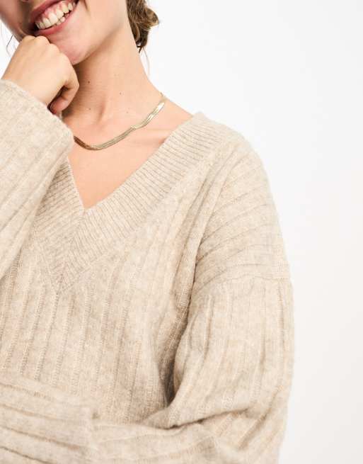 ASOS DESIGN knitted sweater mini dress with v neck in oatmeal, 3 of 4