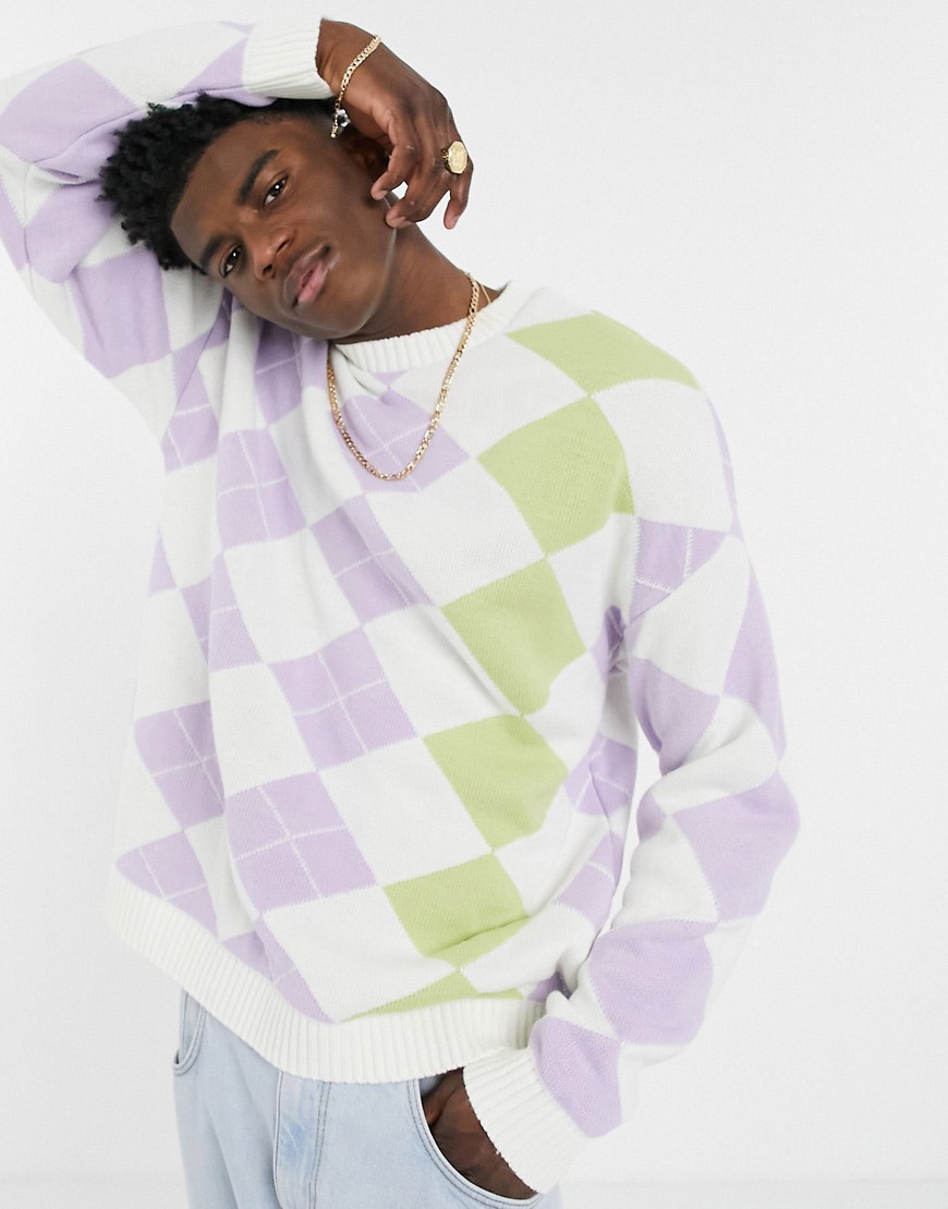 ASOS DESIGN knitted sweater with argyle pattern in pastel tones-Purple