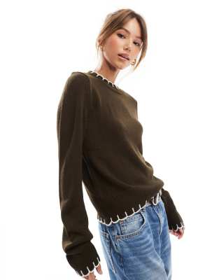 Asos Design Knitted Sweater With Blanket Stitch Detail In Chocolate Brown