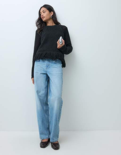 ASOS DESIGN knitted sweater with cable knit detail and fringe hem in black, 2 of 5
