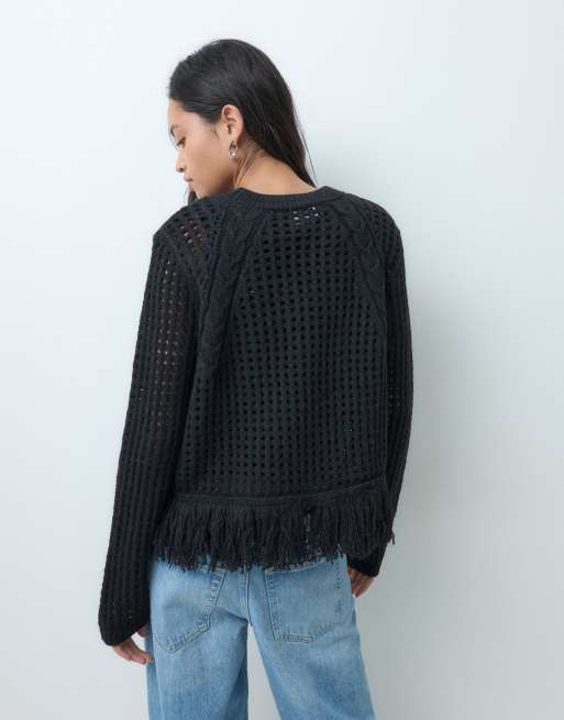 ASOS DESIGN knitted sweater with cable knit detail and fringe hem in black, 3 of 5