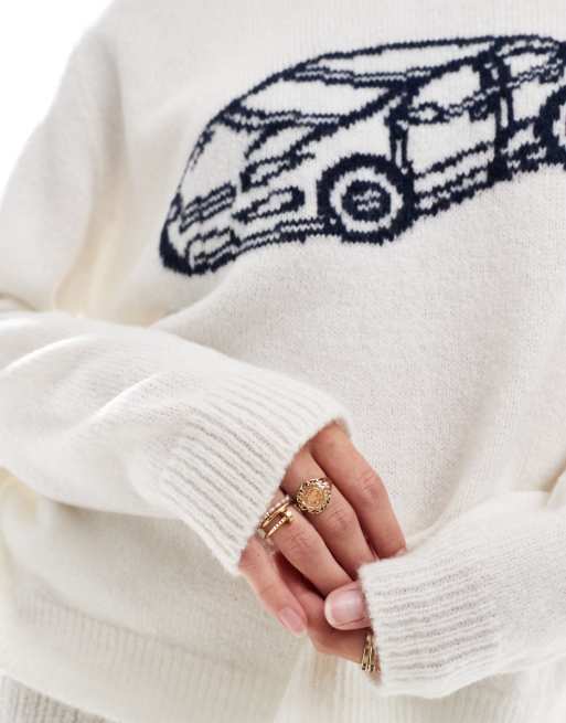 ASOS DESIGN knitted sweater with car graphic in ecru