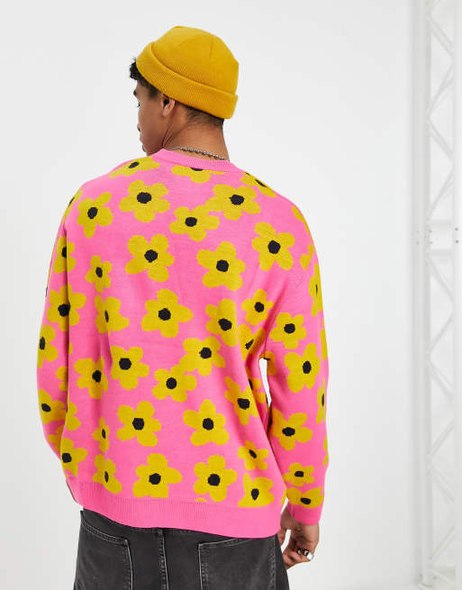 ASOS DESIGN knitted sweater with ditsy floral jacquard in pink | ASOS