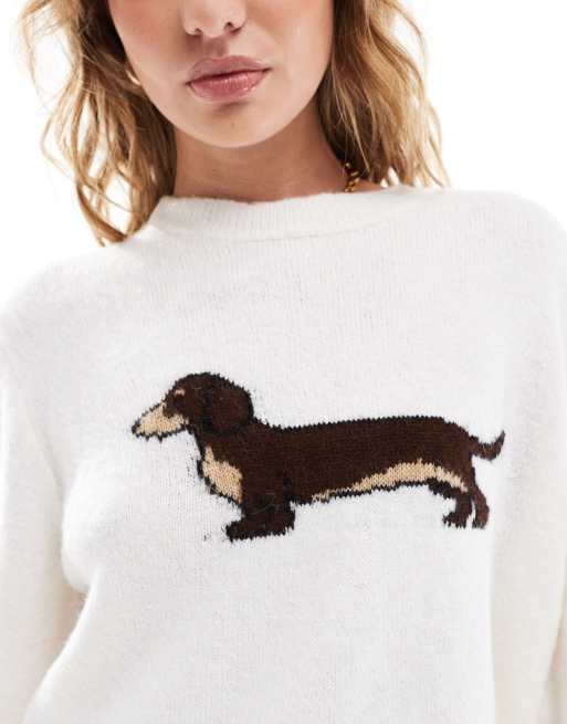 ASOS DESIGN knitted sweater with dog graphic in cream