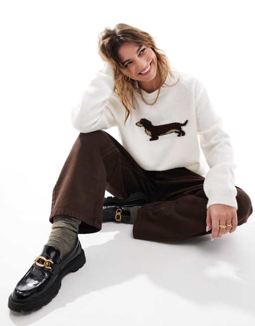 ASOS DESIGN knitted sweater with dog graphic in cream