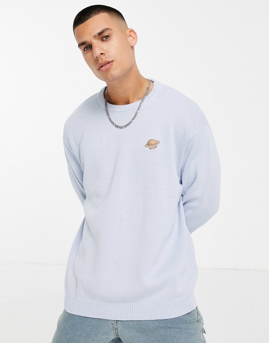 ASOS DESIGN knitted sweater with embroidered planet in pale blue-Blues
