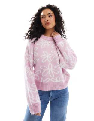 knitted sweater with flower heart pattern in pink