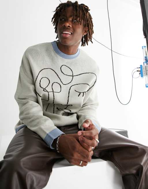 ASOS DESIGN knitted sweater with handrawn design in beige