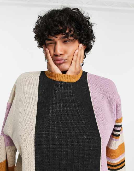 ASOS Design Sweater in Mixed Yarn Stripe in Black and white-Multi