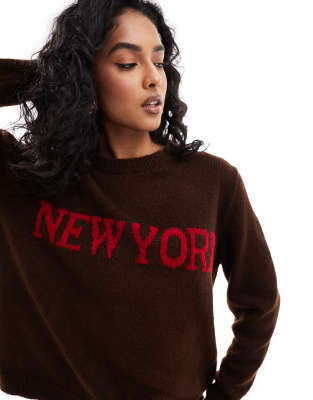 Asos Design Knitted Sweater With New York Graphic In Chocolate Brown