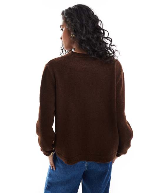 ASOS DESIGN knitted sweater with New York graphic in chocolate brown