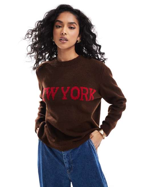 ASOS DESIGN knitted sweater with New York graphic in chocolate brown