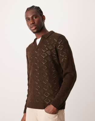 Asos Design Knitted Sweater With Notch Neck In Dark Brown With Texture