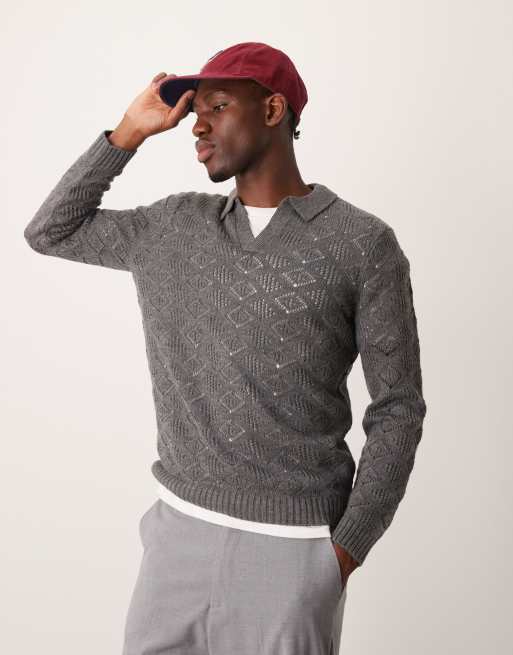 ASOS DESIGN knitted sweater with notch neck in gray with texture