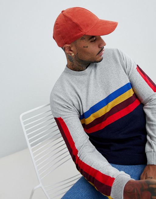 ASOS DESIGN knitted sweater with rainbow chest and sleeve stripes