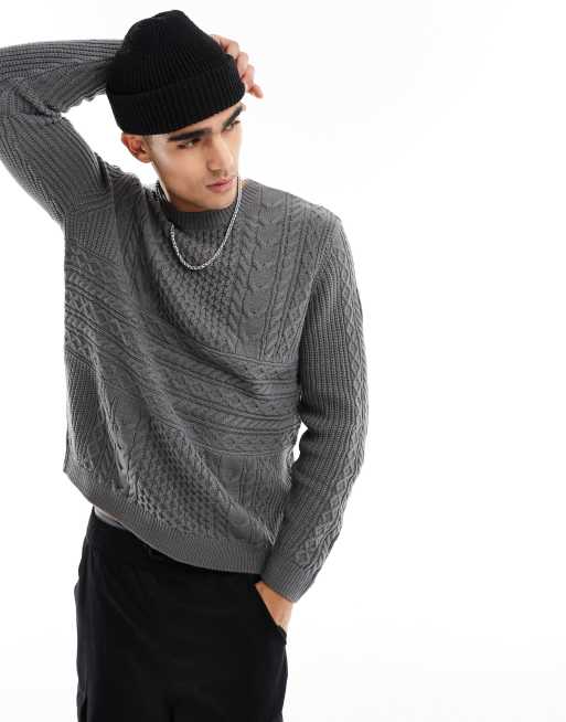 ASOS DESIGN knitted sweater with spliced cable detailing in charcoal | ASOS