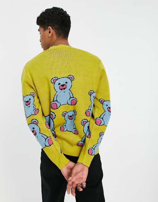 ASOS DESIGN knitted sweater with teddy pattern in yellow