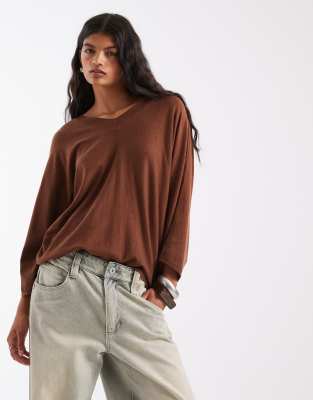 Asos Design Knitted Sweater With V Neck In Brown