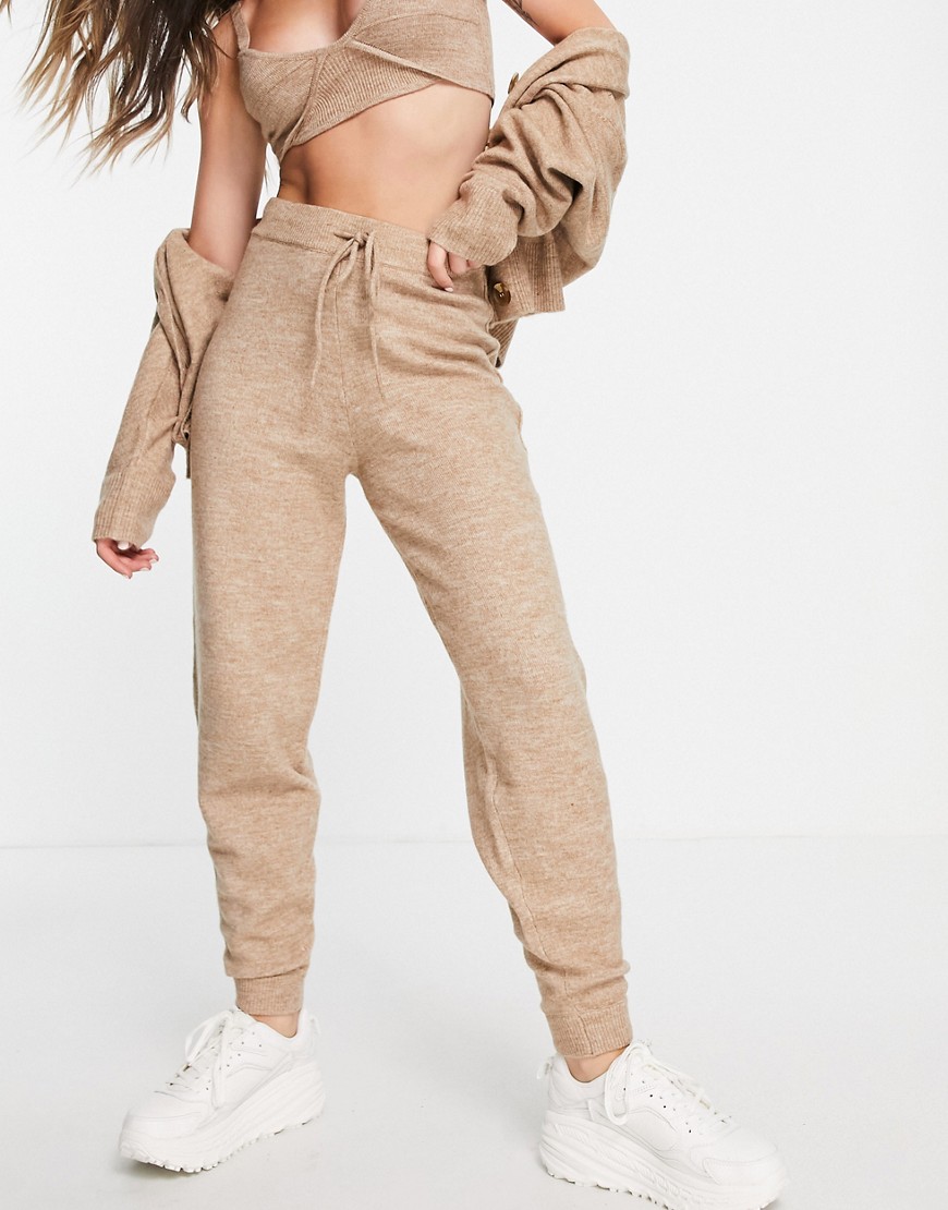 ASOS DESIGN knitted sweatpant with tie waist detail in camel - part of a set-Neutral