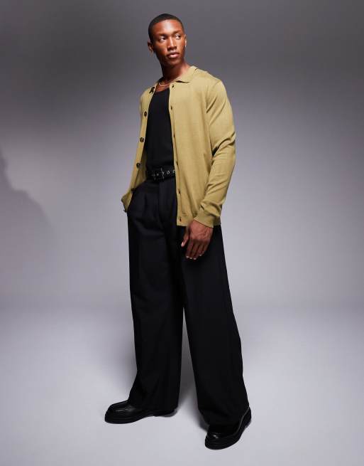 ASOS DESIGN knitted t-shirt and cardigan set in khaki
