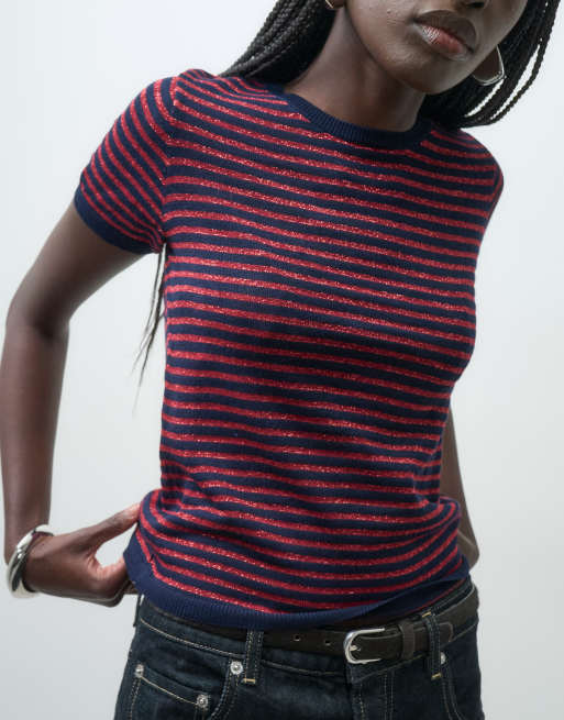 ASOS DESIGN knitted t-shirt in red and navy stripe, 4 of 4