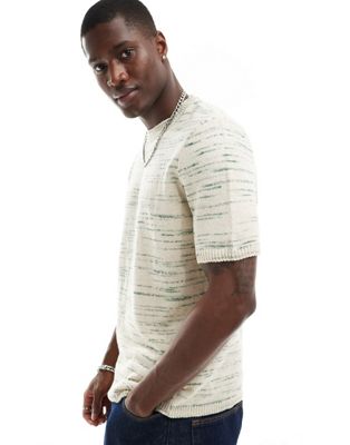 ASOS DESIGN knitted t-shirt in stone and green texture