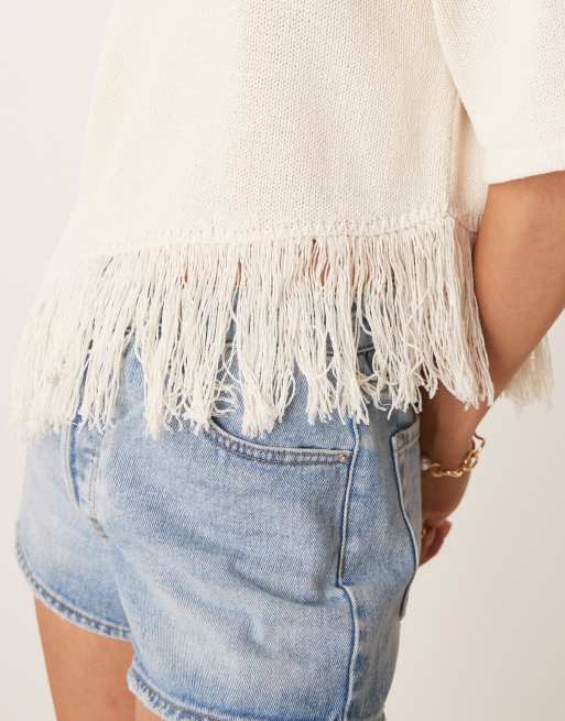 ASOS DESIGN knitted t-shirt with asymmetric fringed hem in cream, 3 of 4