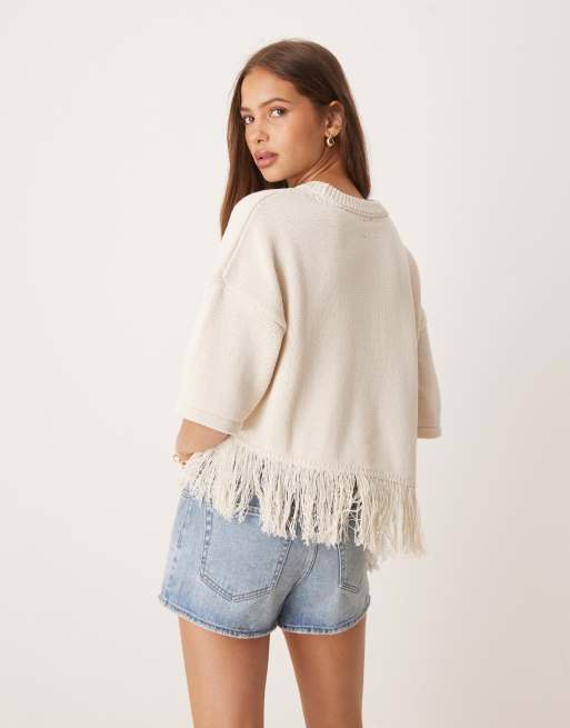 ASOS DESIGN knitted t-shirt with asymmetric fringed hem in cream, 4 of 4