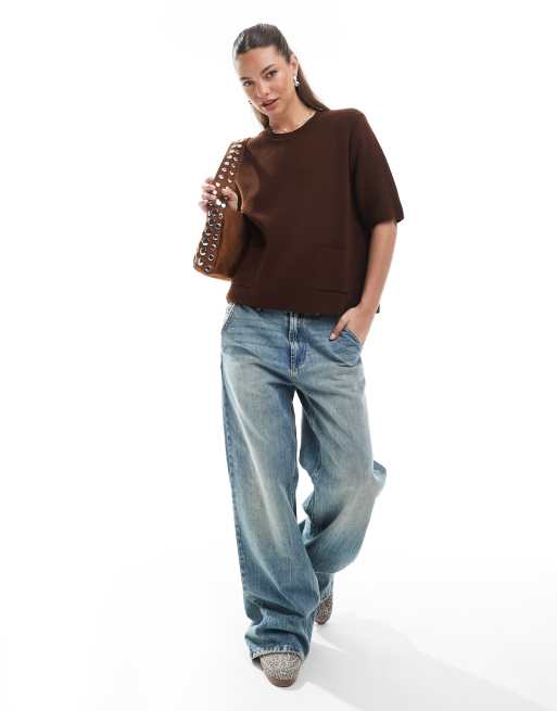 ASOS DESIGN knitted t-shirt with patch pockets in brown, 3 of 4