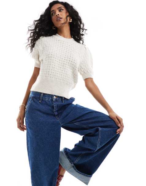 ASOS DESIGN knitted t shirt with puff sleeve in stitch in cream - view 1