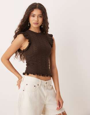 ASOS DESIGN knitted tank in stitch with flutter sleeves in chocolate-Brown