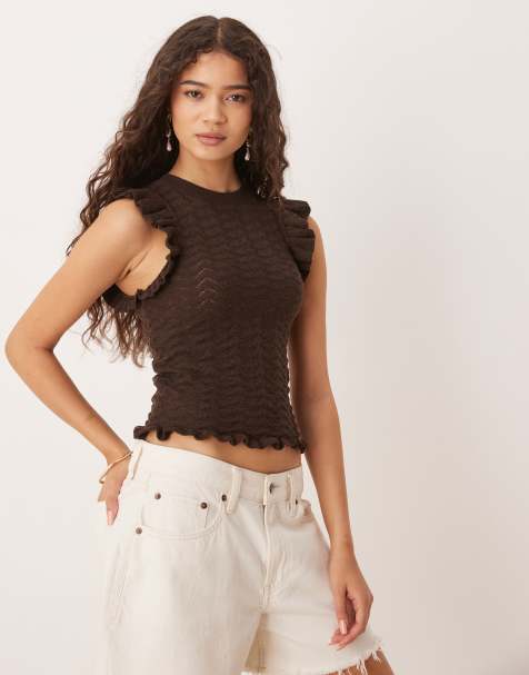 ASOS DESIGN knitted tank in  stitch with flutter sleeves in chocolate - view 1