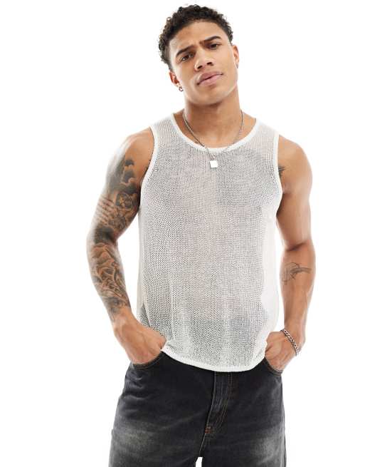 ASOS DESIGN knitted tank top in metallic mesh in white | ASOS