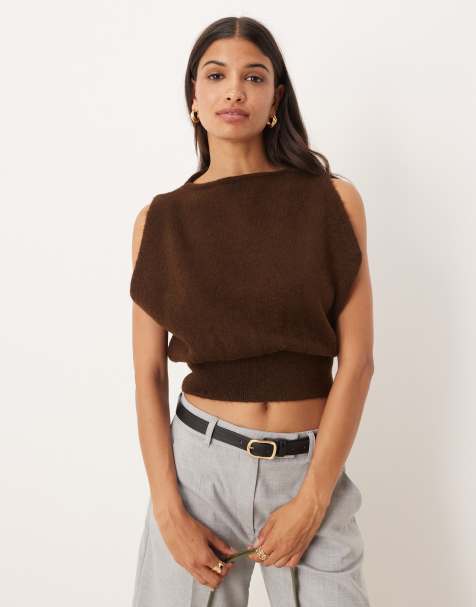 ASOS DESIGN knitted tank top with cinched waist in mocha - view 1