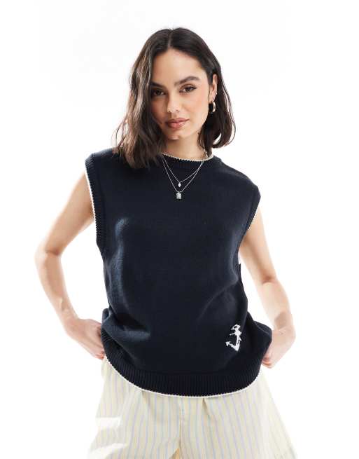 ASOS DESIGN knitted tank top with contrast anchor in navy, 2 of 4