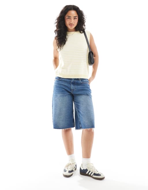 ASOS DESIGN knitted tank top with contrast blanket stitch in yellow stripe