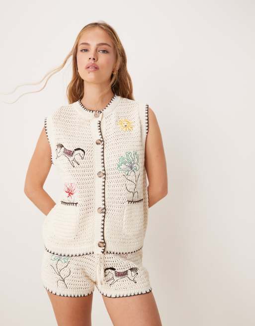 ASOS DESIGN knitted tank top with embroidery in ecru (part of a set)
