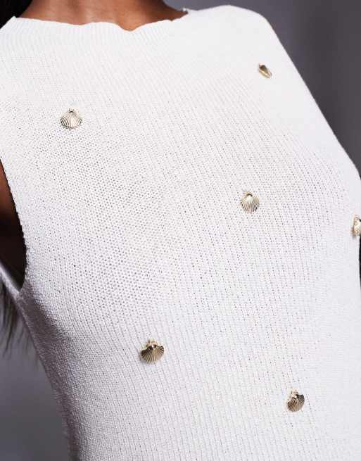 ASOS DESIGN knitted tank top with gold shell charms in ecru, 3 of 4